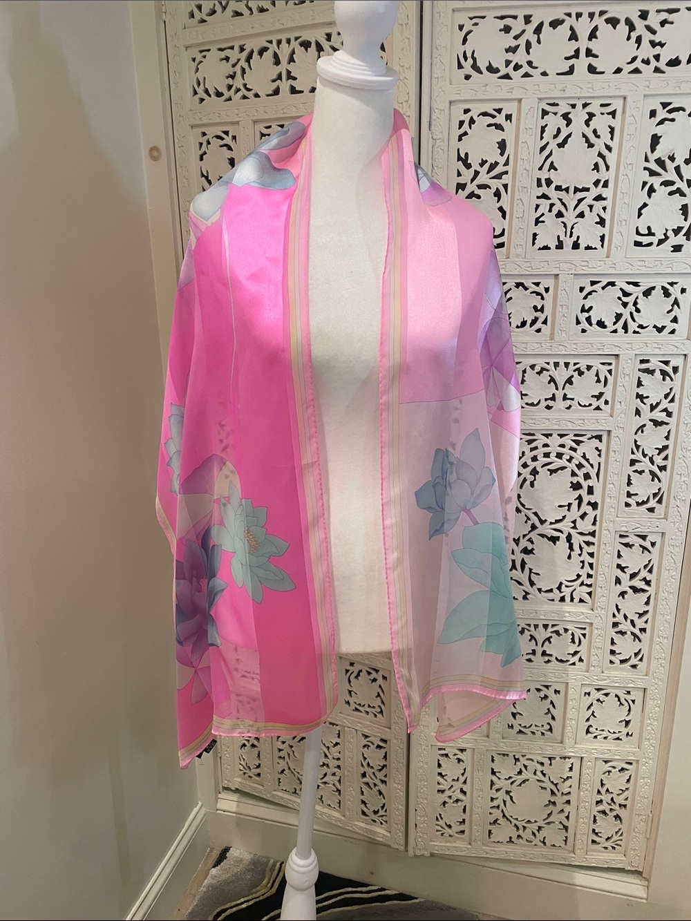 LEONARD PARIS Sheer Pink Floral Wrap Scarf with Pastel Blooms